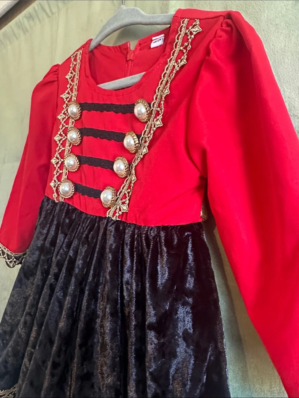 #951 Girls' Red and Black Velvet Holiday Costume Dress with Gold Trim handmade
